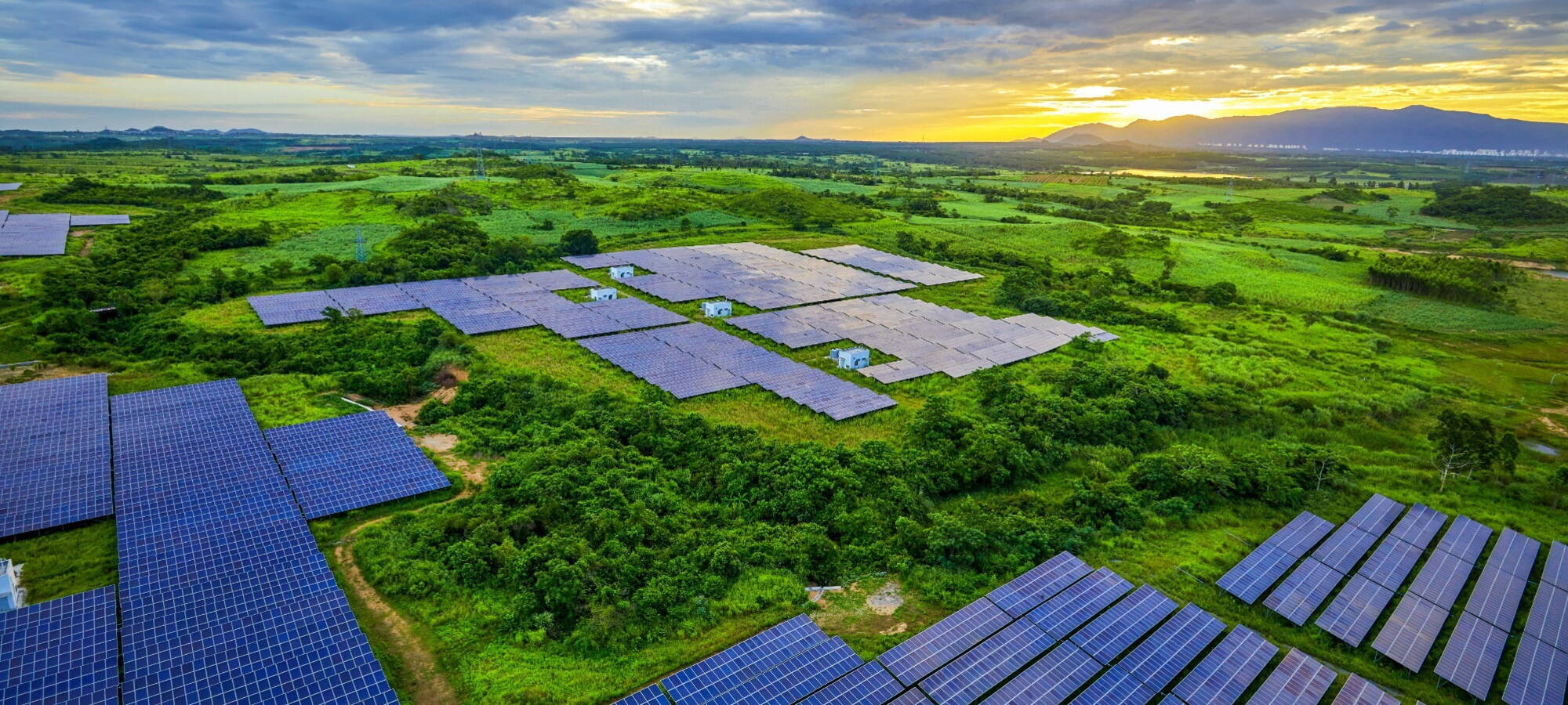 夕日と緑の野原の太陽光発電所